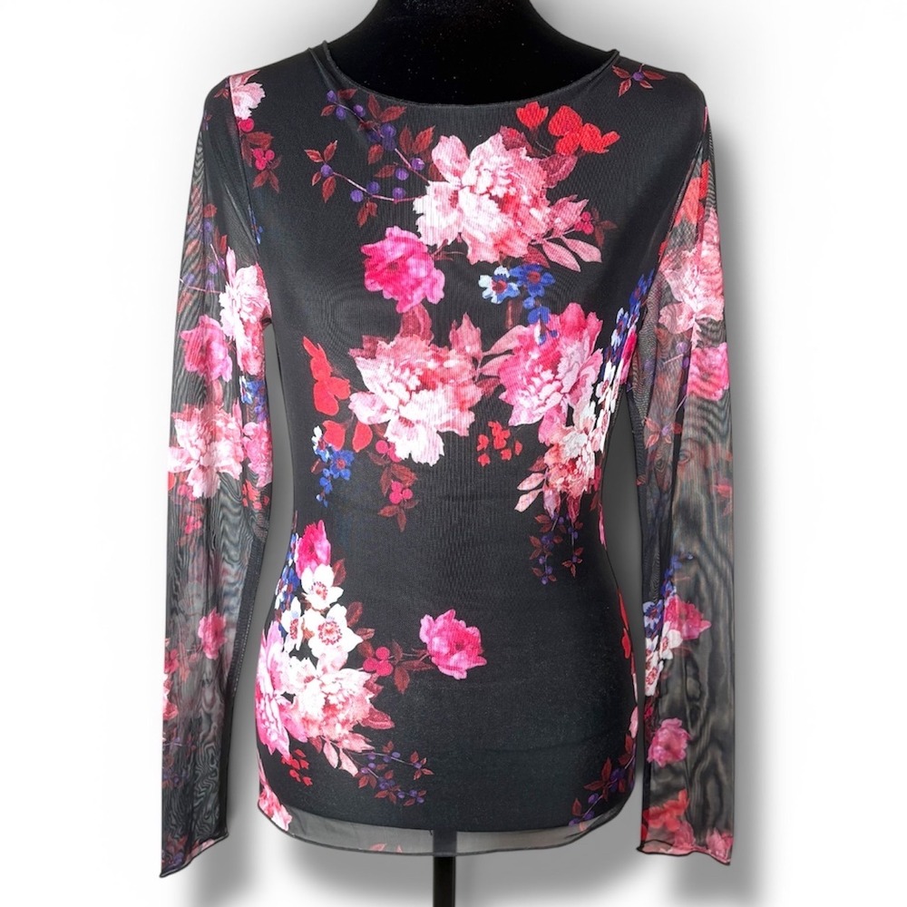 NBD Revolve Sidney Sheer Floral Mesh Long Sleeve Top Black Pink Going Out XS EUC